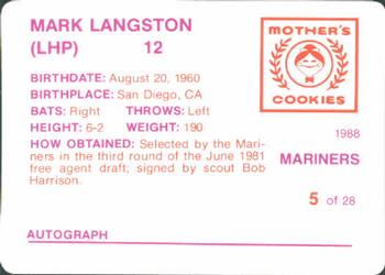 1988 Mother's Cookies Seattle Mariners #5 Mark Langston Back