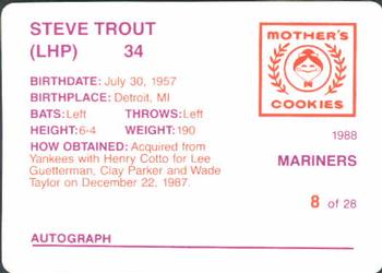 1988 Mother's Cookies Seattle Mariners #8 Steve Trout Back