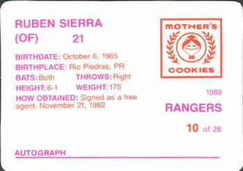 1988 Mother's Cookies Texas Rangers #10 Ruben Sierra Back