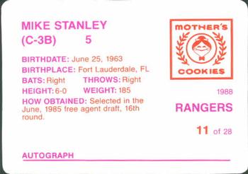 1988 Mother's Cookies Texas Rangers #11 Mike Stanley Back