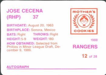 1988 Mother's Cookies Texas Rangers #12 Jose Cecena Back