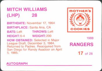 1988 Mother's Cookies Texas Rangers #17 Mitch Williams Back