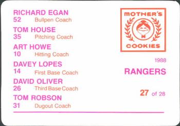 1988 Mother's Cookies Texas Rangers #27 Rangers Coaches (Art Howe / Tom Robson / Dick Egan / Davey Lopes / Tom House / Dave Oliver) Back