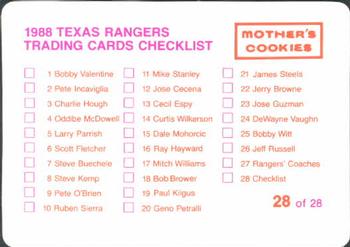 1988 Mother's Cookies Texas Rangers #28 Trainers & Checklist (Danny Wheat / Bill Ziegler) Back