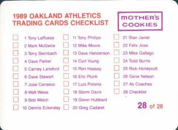 1989 Mother's Cookies Oakland Athletics #28 Checklist Card (Walt Weiss / Mark McGwire / Jose Canseco) Back