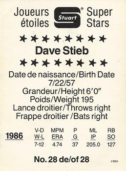 1987 Stuart Bakery Super Stars #28 Dave Stieb Back