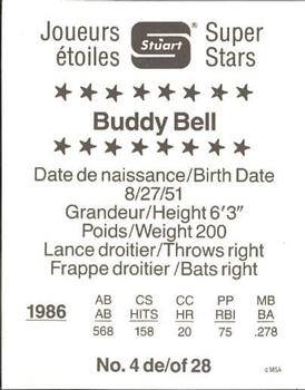 1987 Stuart Bakery Super Stars #4 Buddy Bell Back