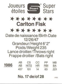 1987 Stuart Bakery Super Stars #17 Carlton Fisk Back
