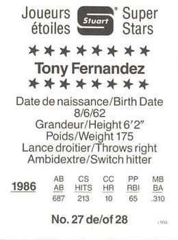 1987 Stuart Bakery Super Stars #27 Tony Fernandez Back