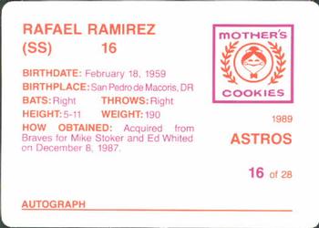 1989 Mother's Cookies Houston Astros #16 Rafael Ramirez Back
