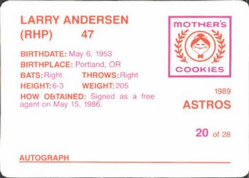 1989 Mother's Cookies Houston Astros #20 Larry Andersen Back