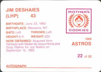 1989 Mother's Cookies Houston Astros #22 Jim Deshaies Back