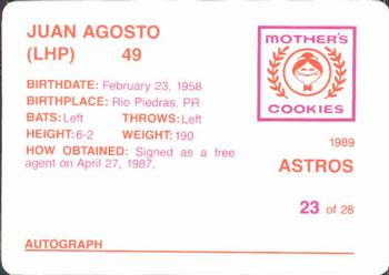 1989 Mother's Cookies Houston Astros #23 Juan Agosto Back
