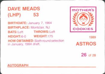 1989 Mother's Cookies Houston Astros #26 Dave Meads Back