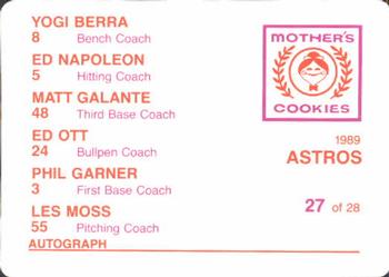 1989 Mother's Cookies Houston Astros #27 Astros Coaches (Ed Ott / Les Moss / Phil Garner / Yogi Berra / Ed Napoleon / Matt Galante) Back