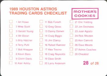 1989 Mother's Cookies Houston Astros #28 Trainers & Checklist Card (Dave Labossiere / Doc Ewell / Dennis Liborio) Back
