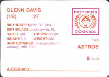 1989 Mother's Cookies Houston Astros #9 Glenn Davis Back
