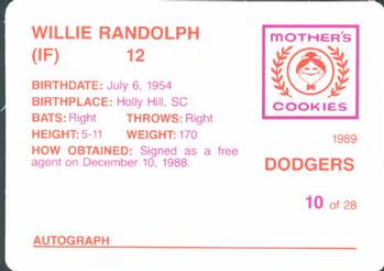 1989 Mother's Cookies Los Angeles Dodgers #10 Willie Randolph Back
