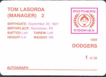1989 Mother's Cookies Los Angeles Dodgers #1 Tom Lasorda Back