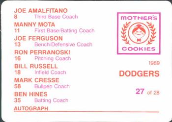 1989 Mother's Cookies Los Angeles Dodgers #27 Dodgers Coaches (Joe Ferguson / Ben Hines / Ron Perranoski / Mark Cresse / Bill Russell / Manny Mota / Joe Amalfitano) Back