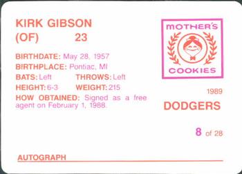 1989 Mother's Cookies Los Angeles Dodgers #8 Kirk Gibson Back