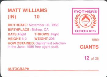 1989 Mother's Cookies San Francisco Giants #12 Matt Williams Back