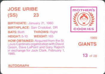 1989 Mother's Cookies San Francisco Giants #13 Jose Uribe Back