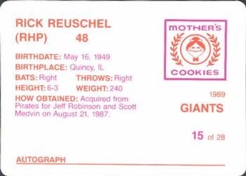 1989 Mother's Cookies San Francisco Giants #15 Rick Reuschel Back