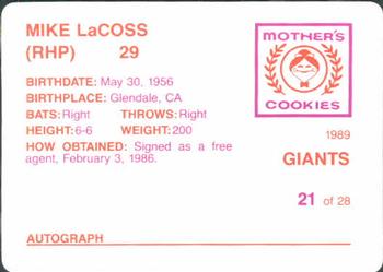 1989 Mother's Cookies San Francisco Giants #21 Mike LaCoss Back