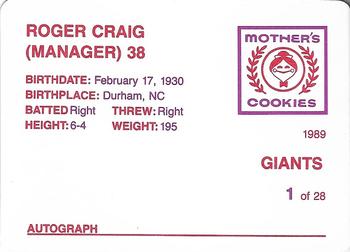 1989 Mother's Cookies San Francisco Giants #1 Roger Craig Back