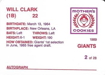 1989 Mother's Cookies San Francisco Giants #2 Will Clark Back