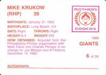 1989 Mother's Cookies San Francisco Giants #6 Mike Krukow Back
