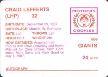 1989 Mother's Cookies San Francisco Giants #24 Craig Lefferts Back
