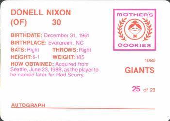 1989 Mother's Cookies San Francisco Giants #25 Donell Nixon Back