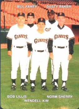 1989 Mother's Cookies San Francisco Giants #28 Coaches & Checklist (Bill Fahey / Dusty Baker / Bob Lillis / Wendell Kim / Norm Sherry) Front