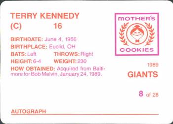 1989 Mother's Cookies San Francisco Giants #8 Terry Kennedy Back
