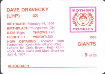 1989 Mother's Cookies San Francisco Giants #9 Dave Dravecky Back