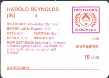 1989 Mother's Cookies Seattle Mariners #10 Harold Reynolds Back