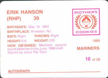 1989 Mother's Cookies Seattle Mariners #16 Erik Hanson Back