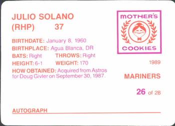 1989 Mother's Cookies Seattle Mariners #26 Julio Solano Back