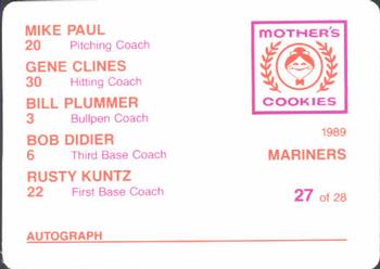 1989 Mother's Cookies Seattle Mariners #27 Mariners Coaches (Mike Paul / Bill Plummer / Rusty Kuntz / Bob Didier / Gene Clines) Back