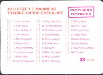 1989 Mother's Cookies Seattle Mariners #28 Trainers & Checklist Card (Henry Genzale / Rick Griffin) Back