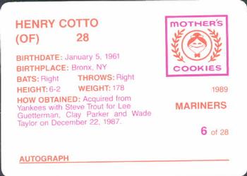 1989 Mother's Cookies Seattle Mariners #6 Henry Cotto Back