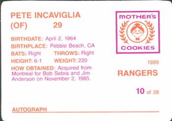 1989 Mother's Cookies Texas Rangers #10 Pete Incaviglia Back