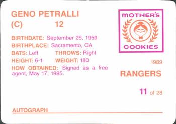 1989 Mother's Cookies Texas Rangers #11 Geno Petralli Back