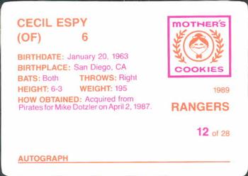 1989 Mother's Cookies Texas Rangers #12 Cecil Espy Back