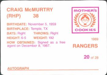 1989 Mother's Cookies Texas Rangers #20 Craig McMurtry Back