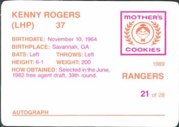 1989 Mother's Cookies Texas Rangers #21 Kenny Rogers Back