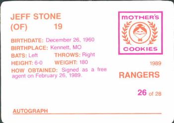 1989 Mother's Cookies Texas Rangers #26 Jeff Stone Back