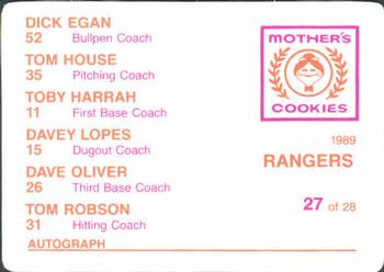 1989 Mother's Cookies Texas Rangers #27 Rangers Coaches (Dick Egan / Tom Robson / Toby Harrah / Dave Oliver / Tom House / Davey Lopes) Back
